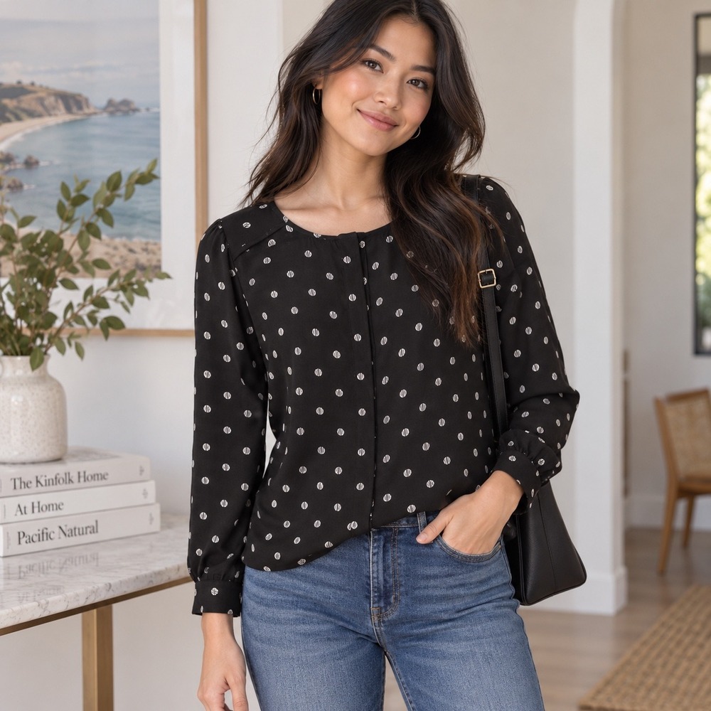 LOFT Womens Black White Geometric Circle Print‎ Long Sleeve Blouse Small 398120